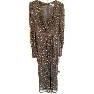 NWOT Mac Duggal Embelished Long Sleeve V Neck Midi Dress, Charcoal Gray, 4, 598$